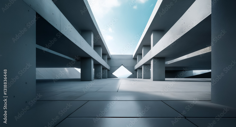 Fototapete Modern concrete architecture with geometric opening in the distance under a bright sky.  Minimalist design featuring clean lines and strong shadows.