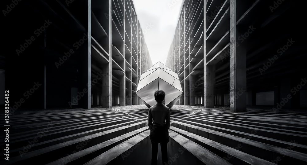 Poster a lone figure holds a luminous geometric object amidst towering, dark industrial structures. stark c