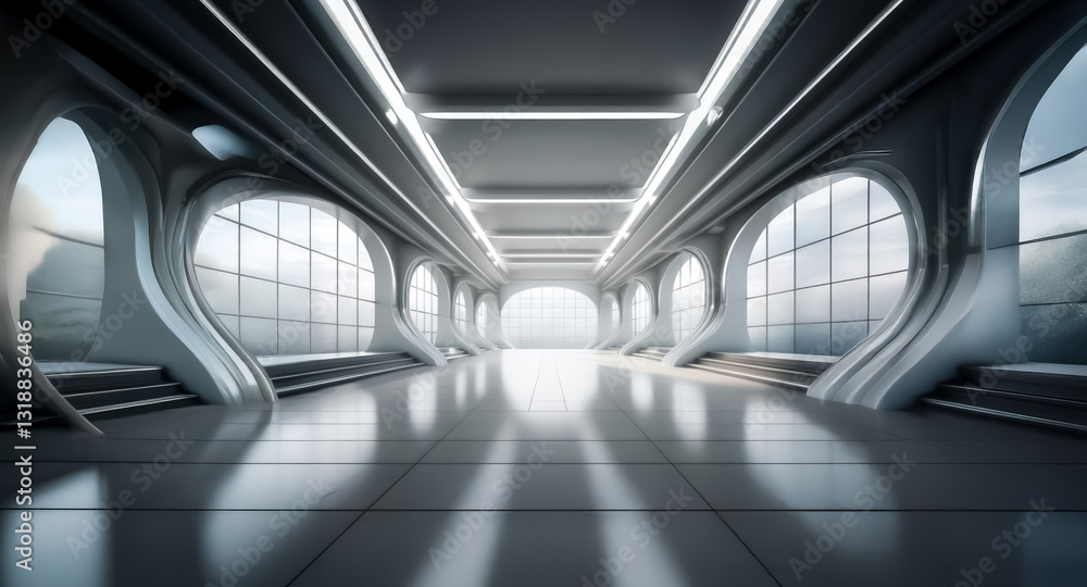 Leinwandbilder futuristic white and grey hallway with unique rounded window shapes and a reflective tiled floor. br