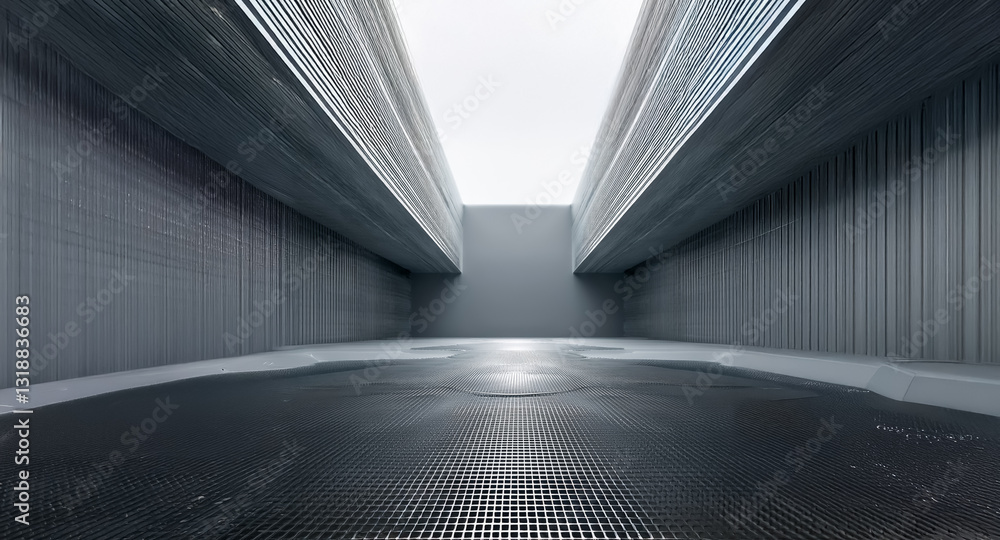 Poster Industrial corridor perspective featuring vertical metallic lines converging towards a bright light source at the end, creating a modern tunnel-like space.