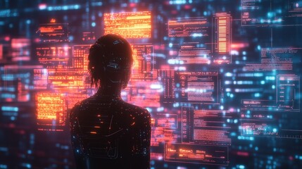 A figure analyzes vibrant digital data in a futuristic virtual landscape.