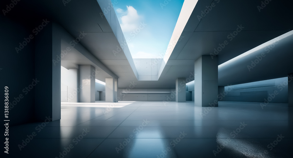 Poster minimalist concrete architecture with pillars and a skylight. bright light and shadows create a spac