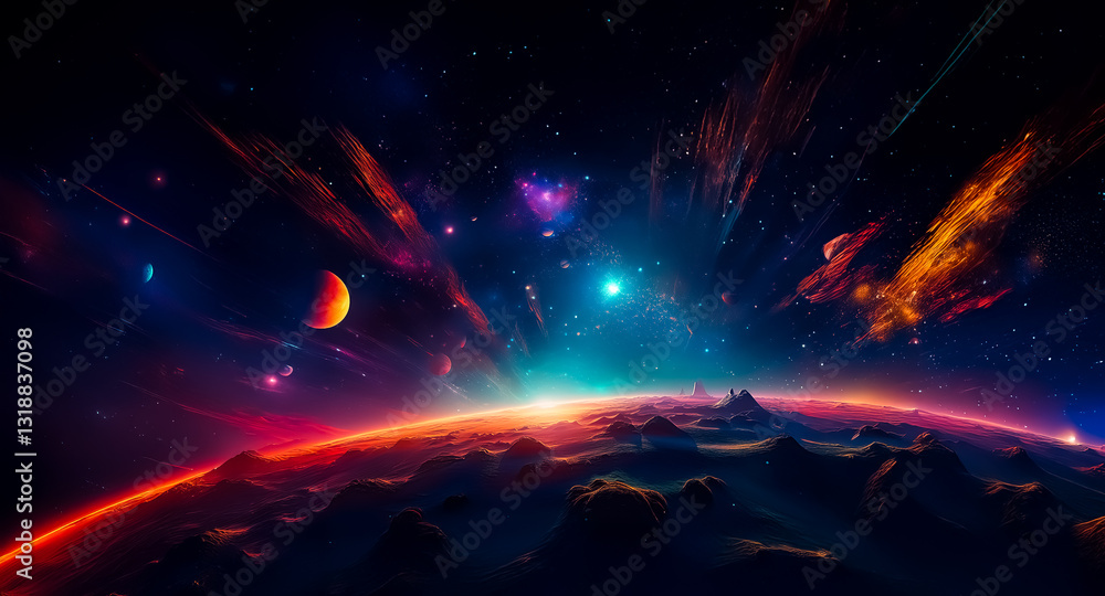 Poster vibrant cosmic scenery featuring a planet's terrain under a starlit sky and colorful nebulae. celest
