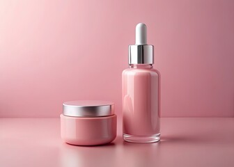 Indulge in our pastel pink skincare set: dropper bottle, cream jar, and more, for a radiant complexion.