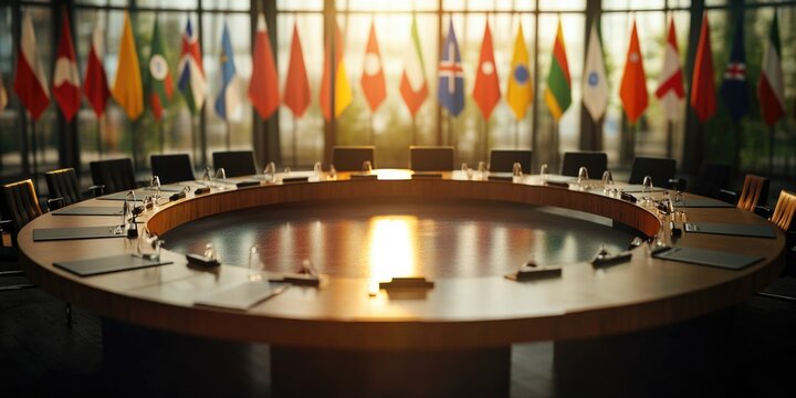 The conference room features a large round table, adorned with multiple international flags. It's a setting for high-level global discussions and negotiations.