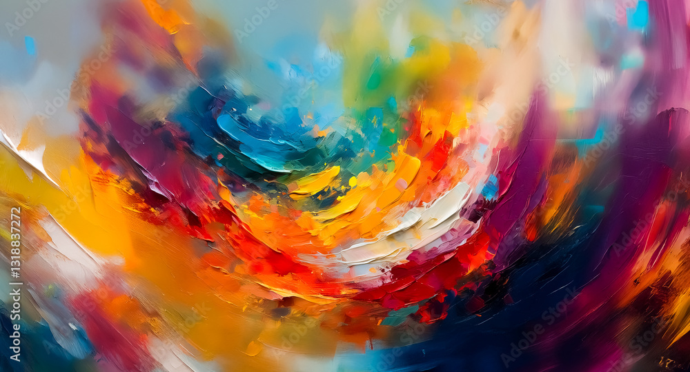Poster Abstract painting with swirling vibrant colors. Expressive brushstrokes create a dynamic composition of bright hues and shades.