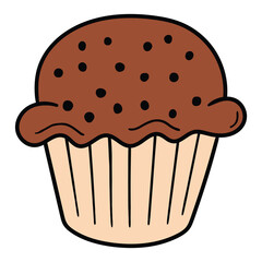 Hand drawn cartoon chocolate cupcake on white background.