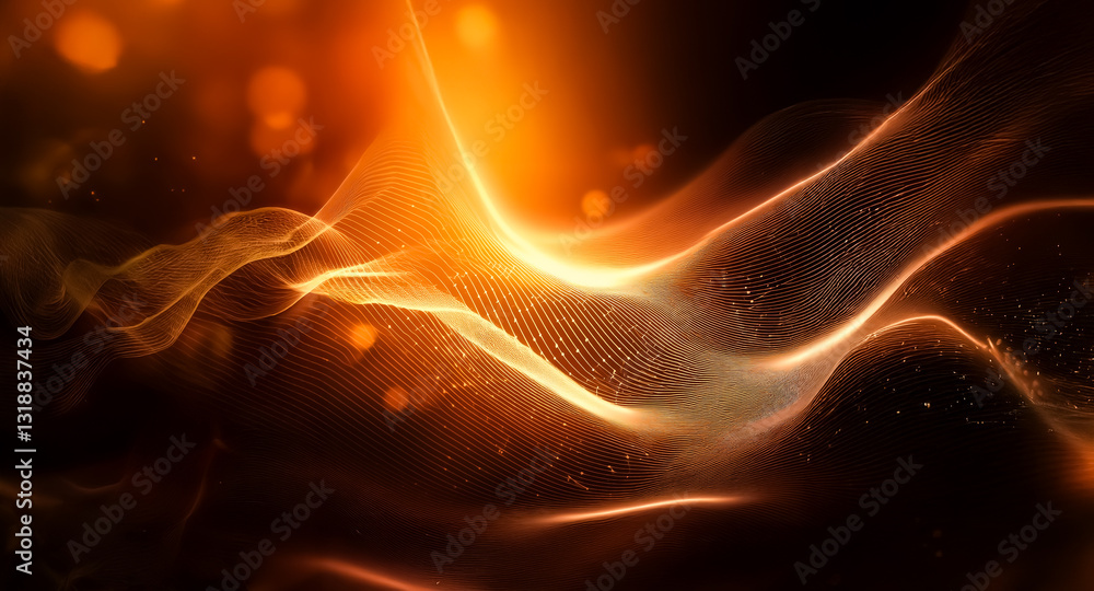Aufkleber Abstract image of vibrant orange and yellow waves flowing on a dark backdrop, enhanced by bokeh lights, creating a dynamic and energetic visual.