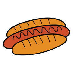 Hand drawn cartoon hot dog on white background.