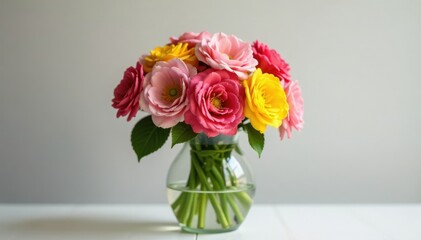 Fototapeta premium A bouquet of fresh flowers in a simple clear glass vase, modern, arrangement, floral