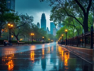 Obraz premium Rainy Evening Stroll Through a City Park