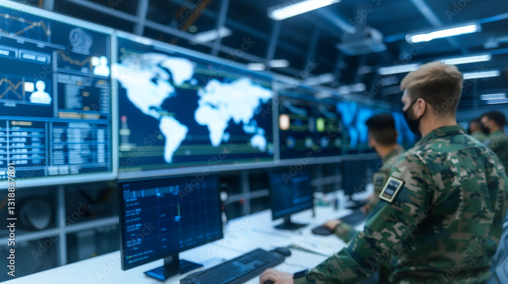 Poster strategic command: inside a cutting-edge command center, a team of specialists meticulously monitors