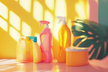 Dynamic cleaning products in bright colors, set on a sunlit background, ready to tackle even the toughest cleaning tasks with maximum effectiveness
