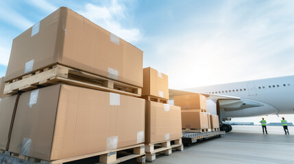 Global Shipment: Cardboard boxes stacked on pallets are being loaded onto a passenger airplane. The plane is parked on the airport tarmac, ready for delivery. The workers are busy loading packages.