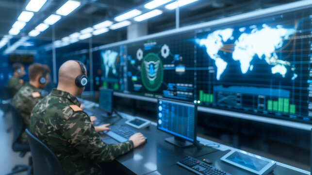 Security Command Center: A team of military personnel monitor global data streams on expansive screens, immersed in a high-tech control room.