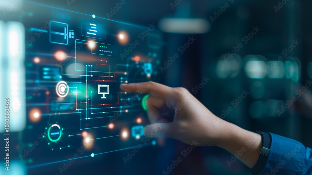 Poster digital interaction: a hand interacting with a futuristic digital interface, showcasing innovative t