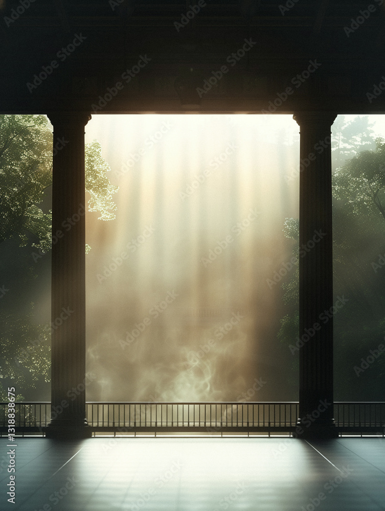 Poster serene portal: a majestic structure frames a breathtaking vista of sunlight piercing through mist, c
