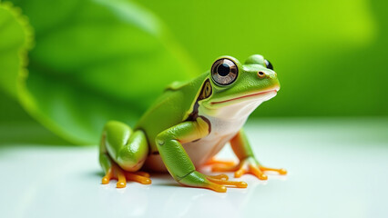 Naklejka premium beautiful frog sits gracefully clean white surface vibrant green hues surrounding