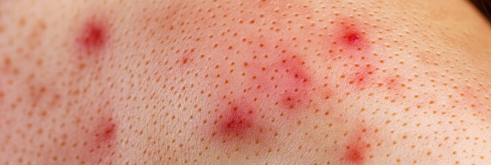 Fototapeta premium A close-up image of an adult's skin showing red bumps, indicative of an inflammatory skin condition like acne.