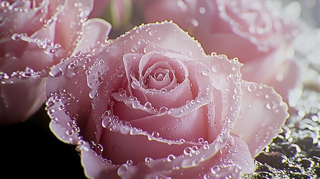 Delicate pink roses with dew drops nature macro photography floral environment close-up view beauty concept