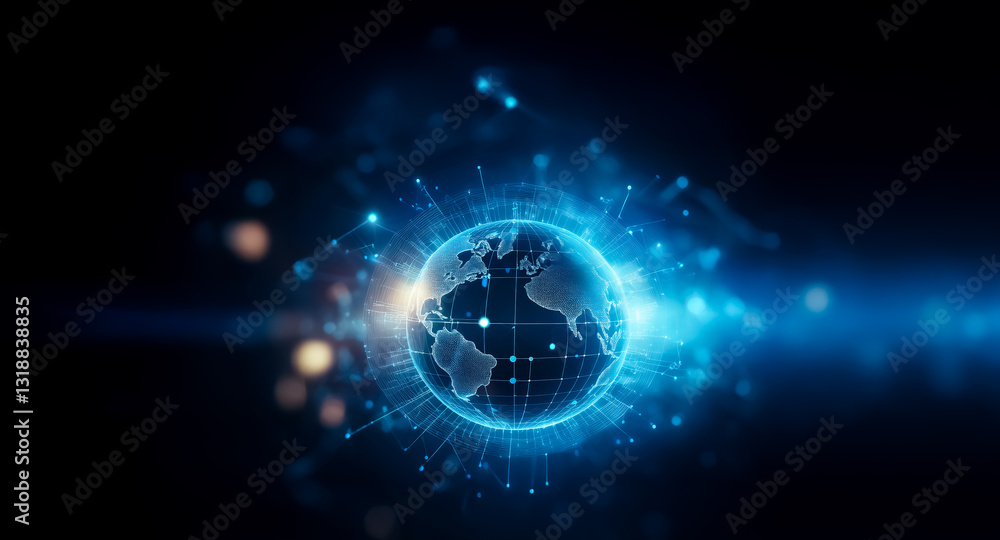 Aufkleber blue glowing globe with network connections on dark backdrop. suggests global technology, digital co