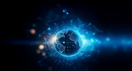 Blue glowing globe with network connections on dark backdrop. Suggests global technology, digital communication, and interconnectedness.