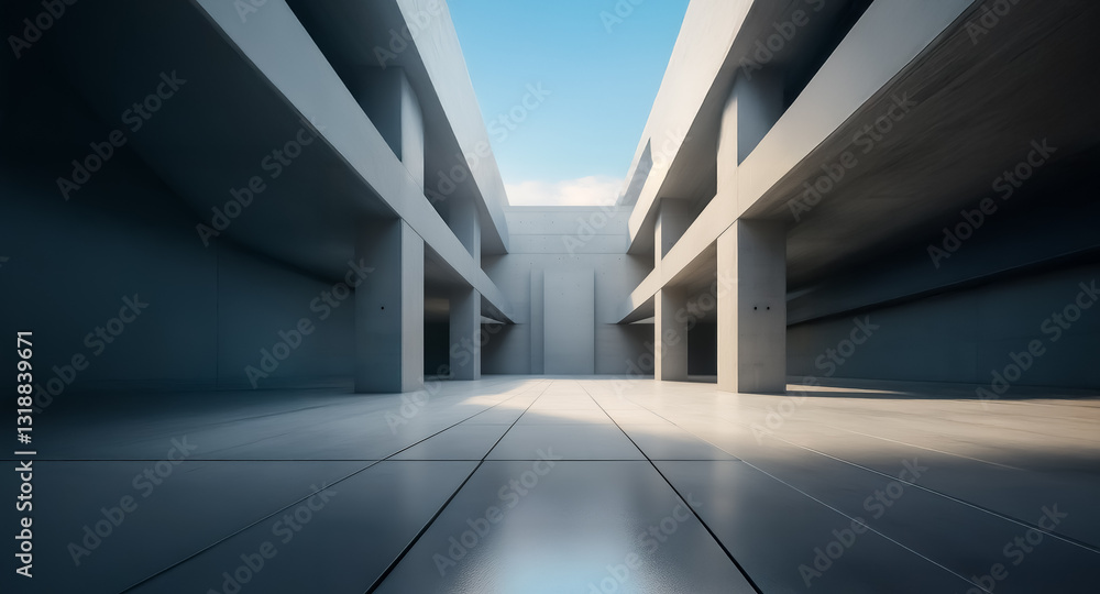 Poster minimalist concrete architecture features strong geometric lines and columns, creating a clean and m