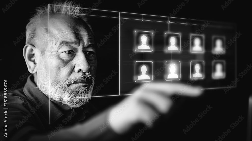Poster navigating the digital realm: a senior professional intently interacts with a high-tech interface, p