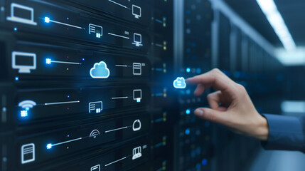 Data Center Connection: A person's hand interacts with the digital cloud computing interface of a server rack in a modern data center. This image reflects digital transformation and data management.