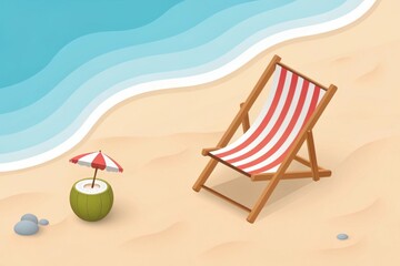 Striped beach chair, coconut drink with umbrella on sandy beach, ocean waves gently lapping the shore, relaxing summer beach scene, isometric view.