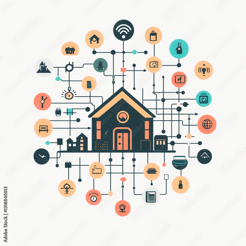 Poster smart home network: a digitally-rendered illustration depicts a smart home ecosystem, with a house a