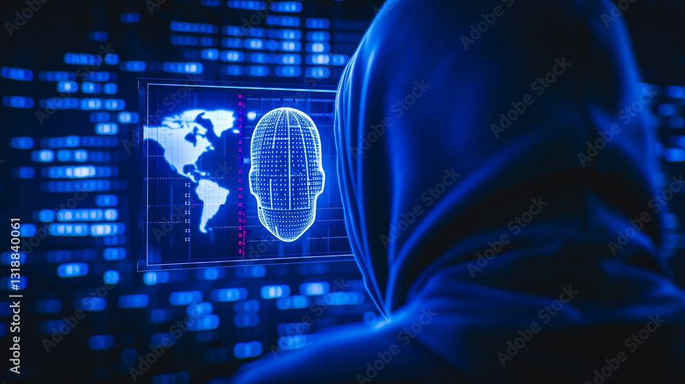 Poster digital intrusion: silhouette of a hacker shrouded in shadows, peering intensely at a screen display