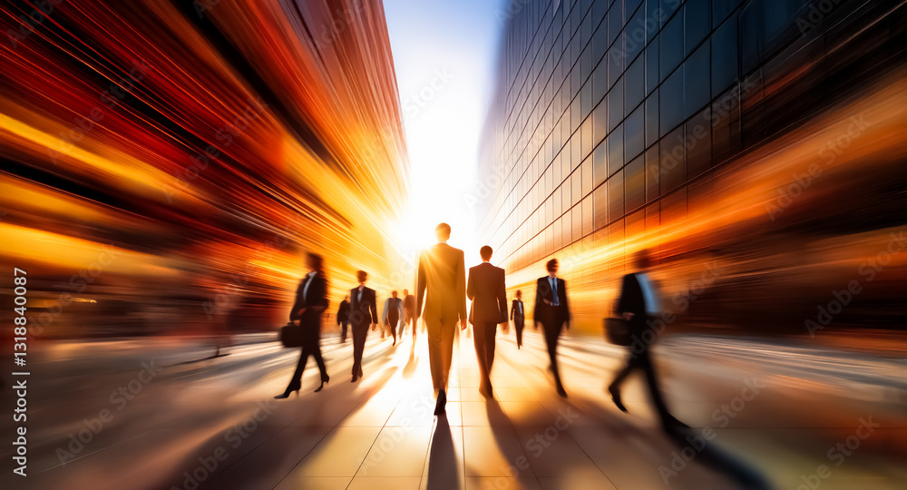 Fototapete blurred figures move towards a radiant light source amidst towering city structures. dynamic motion 