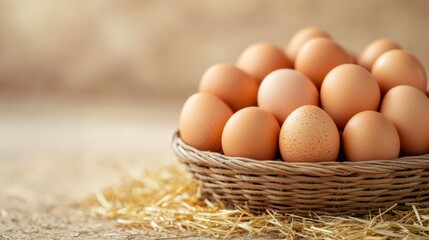 Fresh eggs in a rustic basket on straw
