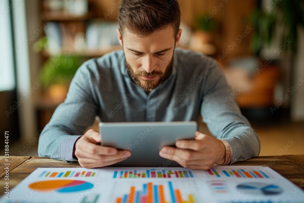 Poster focused professional analyzes data on tablet while reviewing colorful charts in modern workspace