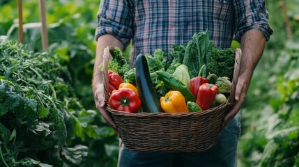 Fototapeta premium Farmer harvesting fresh organic cauliflower in lush green field during golden hour, showcasing sustainable agriculture and eco-friendly farming practices for healthy farm-to-table produce