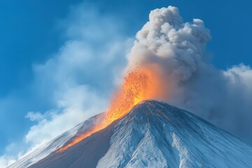 Fiery Volcanic Eruption on a Snow Capped Mountain Peak Under a Vivid Blue Sky