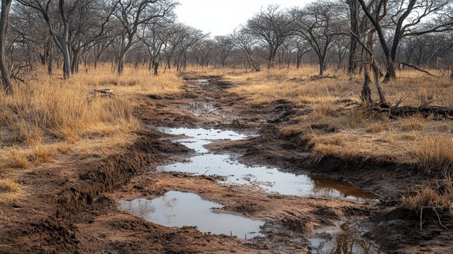 Barren mudland stretches under a vast sky; sparse grass clumps dot the edges. A solitary wet patch hints at hidden life amidst the arid landscape