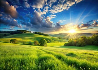 Obraz premium Peaceful skies arch over serene meadows, rolling hills bathed in sunlight, vibrant green grass stretches endlessly.