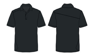 Polo Shirt Technical Fashion Flat Sketch vector illustration template front and back view isolated on white background. Men's fashion polo t shirt mock up CAD.
