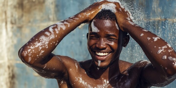 Young man enjoying a refreshing shower, his face lit up with a broad smile.