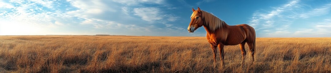 Obraz premium Solitary Horse Standing Tall in Golden Field Under Clear Sky. Generative AI