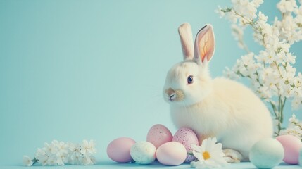 Cute easter bunny sitting beside pastel colored Easter eggs and flowers. Blue solid colored background, Big editable space