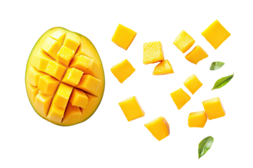 Freshly cut mango cubes on transparent background