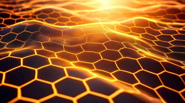 Dynamic honeycomb patterns glowing in orange light abstract art digital environment nature concept