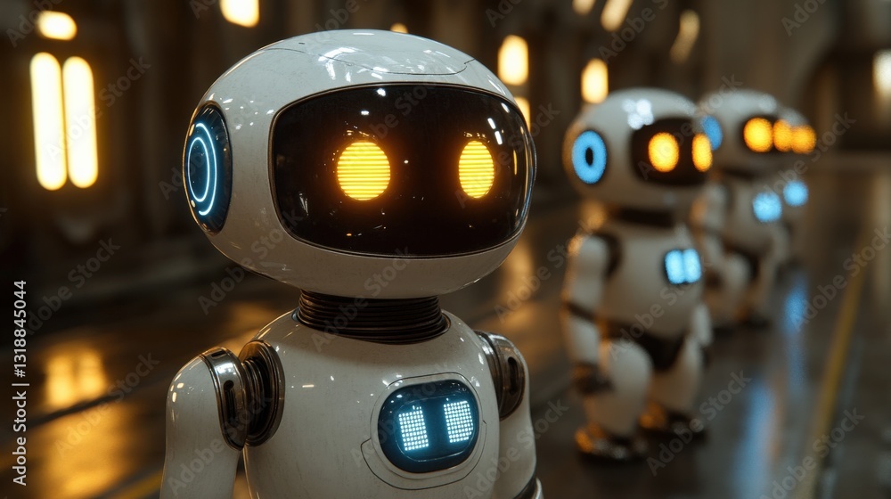 Poster three humanoid robots with glowing eyes stand in a futuristic corridor with soft lighting