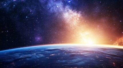 Milky Way rising above Earth's horizon, astronaut gear in foreground, showcasing cosmic wonder.
