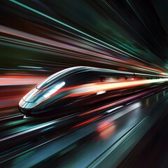 High Speed Train in Dark Tunnel with Motion Blur and Red Light Streaks