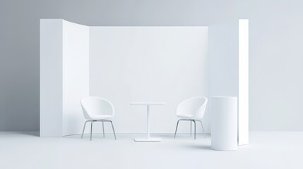 set of realistic trade exhibition chair and table or white blank exhibition kiosk or stand booth corporate commercial. 3D Render