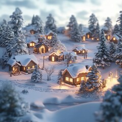 Fototapeta premium Winter wonderland cozy cabins in a snowy landscape night scene scenic view magical atmosphere